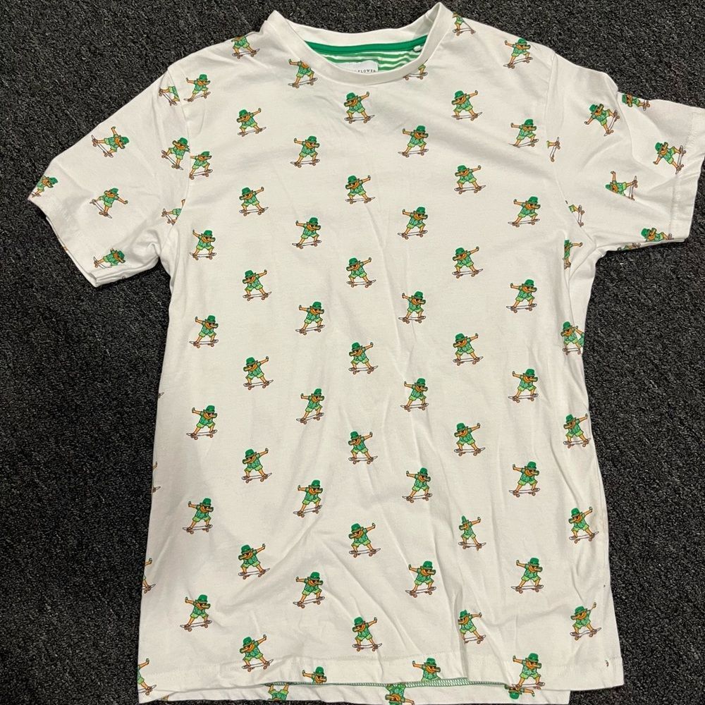 Denim & Flower White Tee with Green Stripes and Print size medium